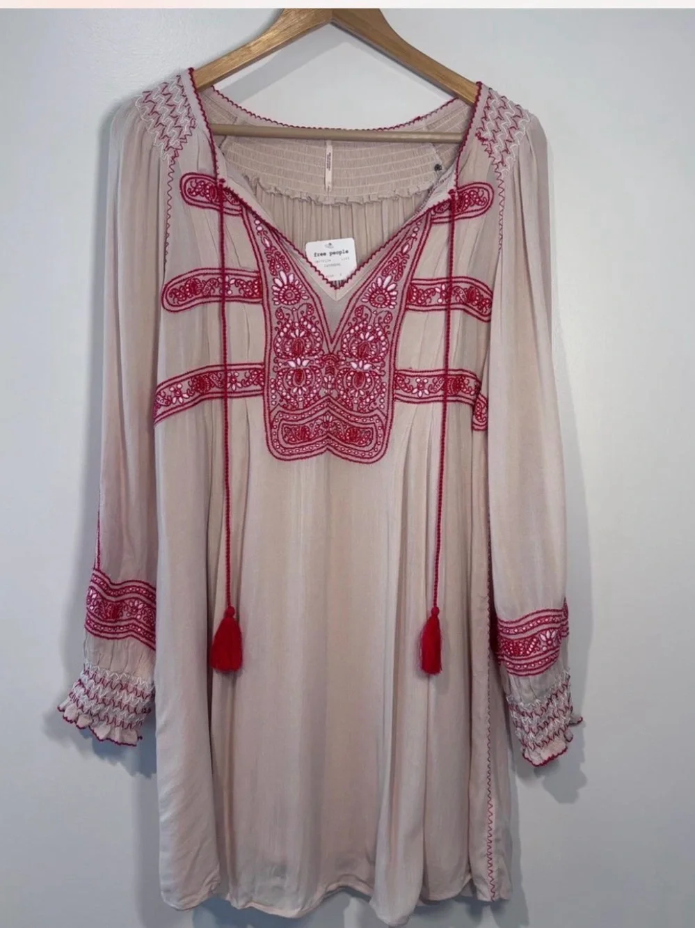 Free People Cream Boho Mini Dress with Red Embroidery